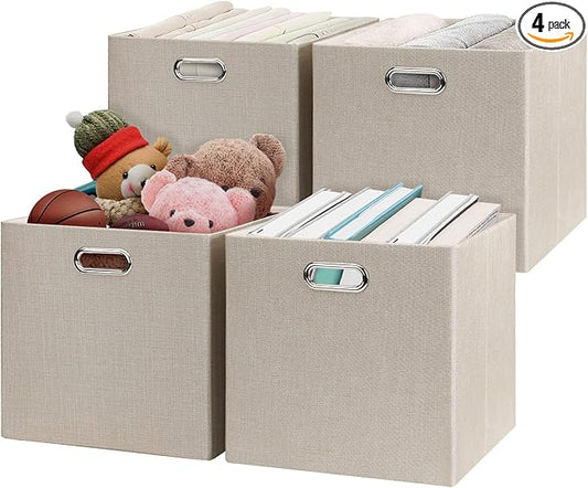Posprica Collapsible Storage Cubes,11×11×11 Fabric Storage Bins Containers Drawers,4pcs, Beige