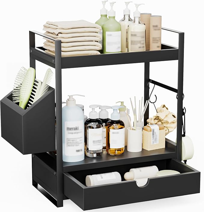 2-Tier Bathroom Counter Organizer, Wooden Vanity Shelf with Drawer & Basket | Pre-Drilled Holes, Skincare & Makeup Countertop Organizer and storage, Black