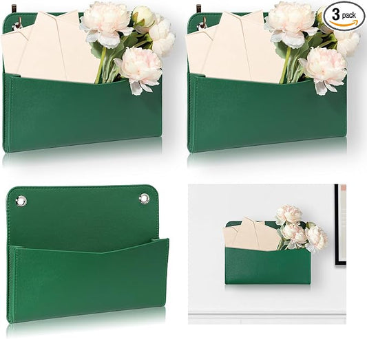 3 PCS Wall Mount PU Leather Mail Holder Green Faux Leather Letter Holder Stylish Wall Hanging Mail Storage 2 Ring Wall Mail Organizer for Flowers Envelope Key Notebooks Home Office Decor