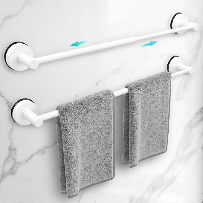 Adjustable Suction Cup Towel Bar for Bathroom Wall,17 Inch~29 Inch Towel Racks for Bathroom,Stainless Steel Bath Towel Holder for Shower,2 Pack(Matte White)