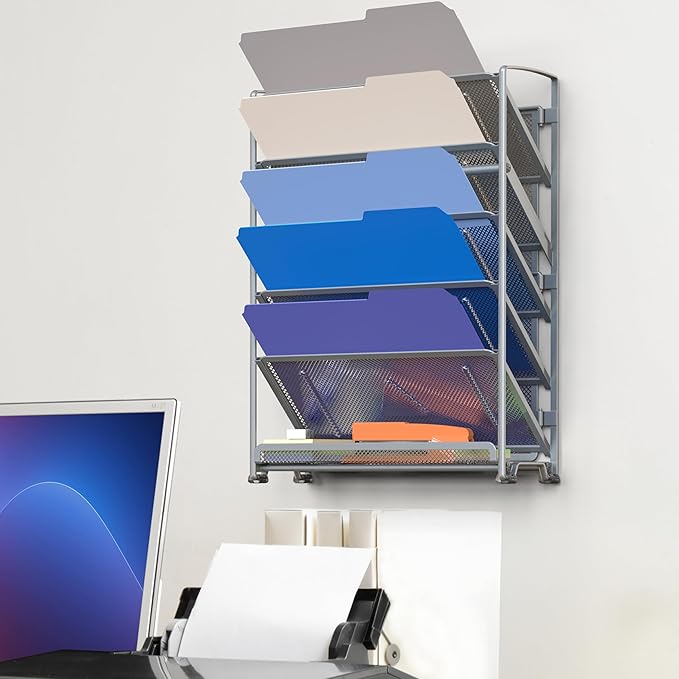 Simple Houseware 6-Tier Wall Mount Document Letter Tray Organizer, Silver | 5 Tilted Trays + 1 Flat Bottom Tray, Wall Mount Hardware Included