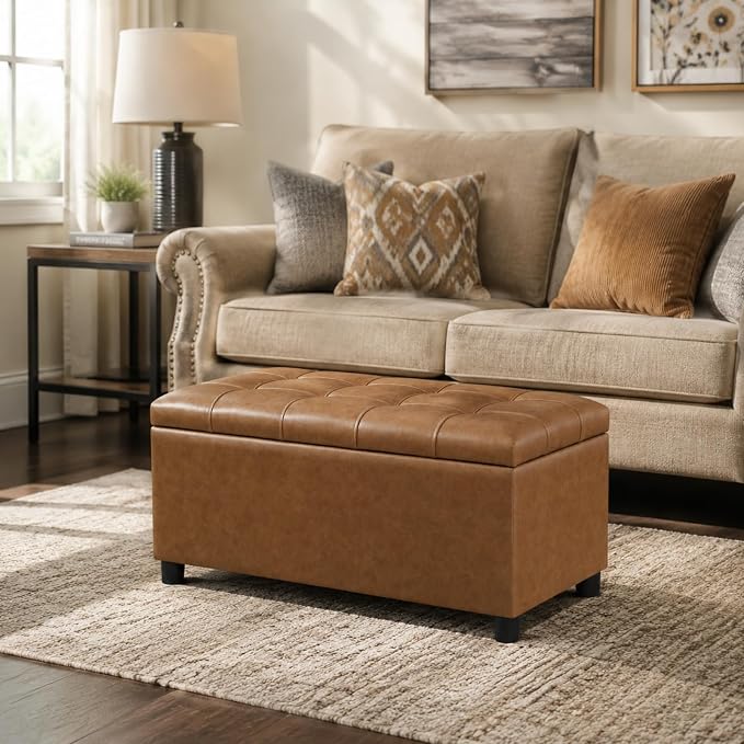 Storage Ottoman Bench,Faux Leather Upholstered Ottoman with Storage,End of Bed Bench with Safety Hinge,for Entryway,Bedroom,Living Room