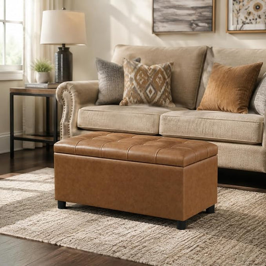 Storage Ottoman Bench,Faux Leather Upholstered Ottoman with Storage,End of Bed Bench with Safety Hinge,for Entryway,Bedroom,Living Room