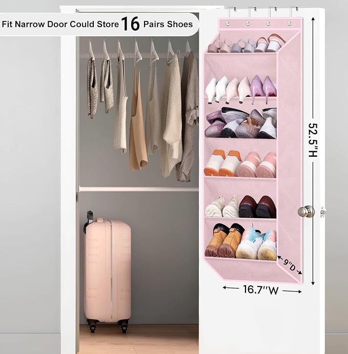 SLEEPING LAMB Over The Door Shoe Organizer for Closet with Large Deep Pockets, Narrow Shoe Rack for Door Hanging Boots Storage, Pink