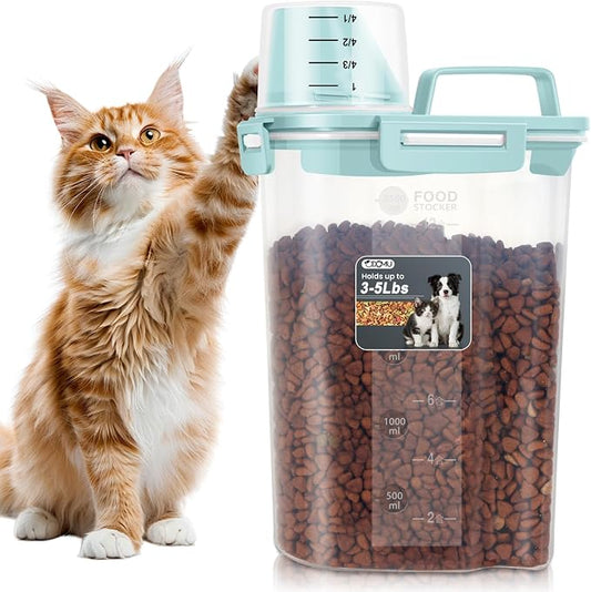 Dog Cat Food Storage Container with Cup (Dry Blue, 2.5L) | Pet Food Pourable Container Airtight with Large Spout, BPA-Free Plastic Food Dispenser for Pet Food, Bird Seed, Rice, Flour
