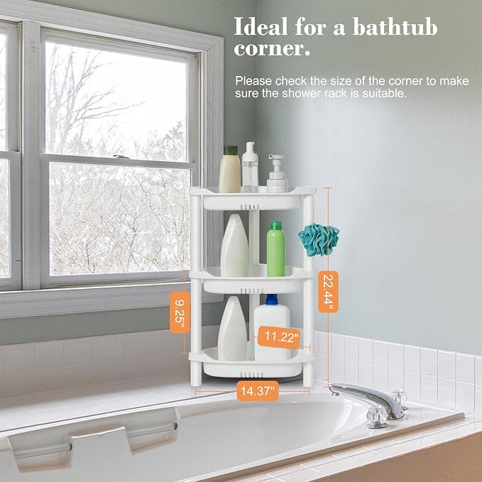 ELYKEN Corner Shower Caddy Standing, 3 Tier Plastic Shower Organizer, White | Rustproof Plastic Shower Shelves with Hook for Storing Bath Essentials in Bathroom corner, Bathtub