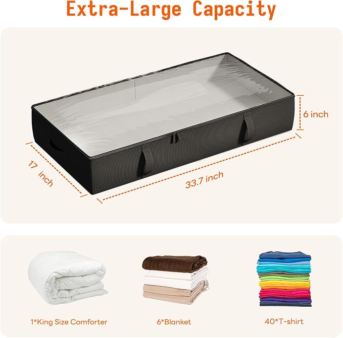 Vailando Under Bed Storage Containers, 6 Inches Tall 60L Underbed Storage Bins with Sturdy Handles and Sidewalls, Closet Organizer for Clothes, Blankets, Seasonal Items, Black, 2-Pack