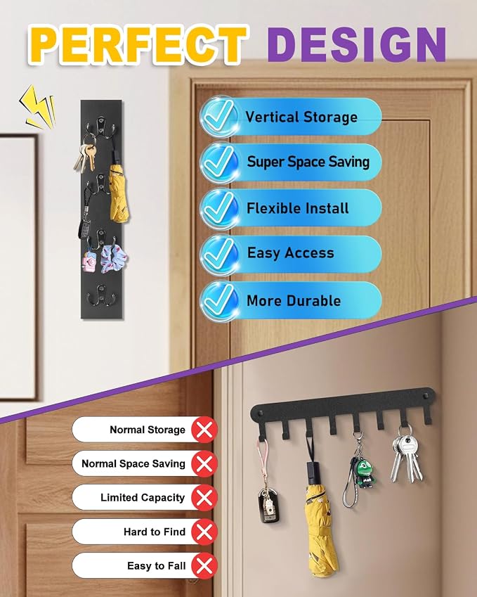 UCEC Vertical Key Holder Wall Mount Solid Wood Key Rack with Hooks Black | Space-Saving Key Organizer for Entryway, Garage & RV, Easy Install Wall Hooks for Hanging Keys, Wooden Wall Mounted Storage