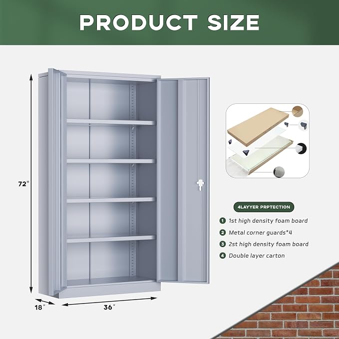 Greenvelly Metal Storage Cabinet with Locking Doors, 72" Dark Grey Lockable Storage with Adjustable Shelves, Steel Tool Cabinet for Home Office, Garage (36" x 18")