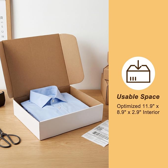 CRUGLA 12x9x3 White Shipping Boxes, 25 Pack Corrugated Mailer Boxes for Small Business Packaging, Quick Fold Cardboard Mailer with Round Seal Stickers