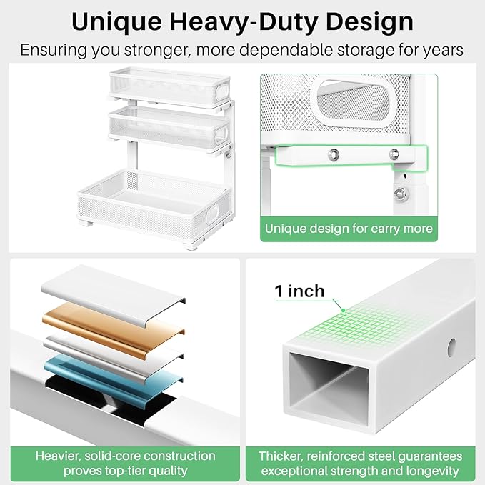 Kitstorack Under Sink Organizer, 2-Pack 3-Tier Height Adjustable Thickened Metal Pull out Cabinet Organizer Shelf, Slide out Storage Drawer Rack for Bathroom Kitchen Pantry Home Laundry Organization
