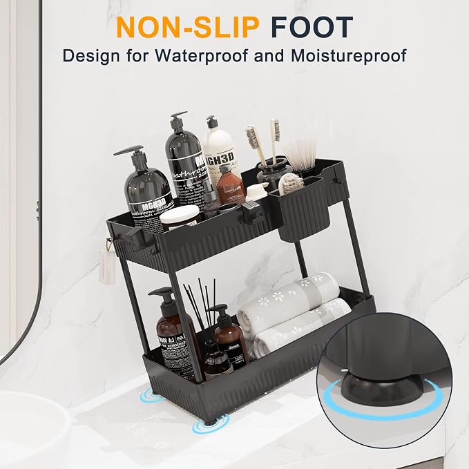 Sevenblue 2 Pack Under Sink Organizer, Under Bathroom Cabinet Organizer with Hooks Hanging Cup, Multi-Purpose Storage Shelf for Kitchen Bathroom, Black | Multi-use kitchen & bathroom storage, 12.8 inch black cabinet organizer, with hooks and hanging cu...