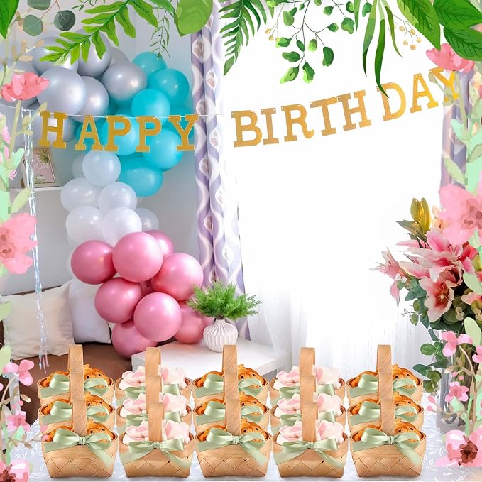 12 Pcs Mini Flower Girl Basket Mini Woven Baskets with Pearl Handles Wood Chip Flower Fruit Picnic Holder with Sage Green Ribbon Smell Gifts Bucket for Wedding Party Gifts Birthday Decoration