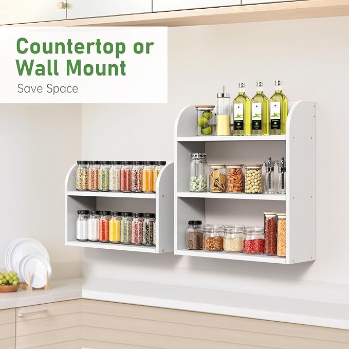 ROMGUAR CRAFT 2 Tier Bamboo Spice Rack, Countertop or Wall Mounting Wood Spice Jars Organizer Shelf for Kitche, Pantry (White)