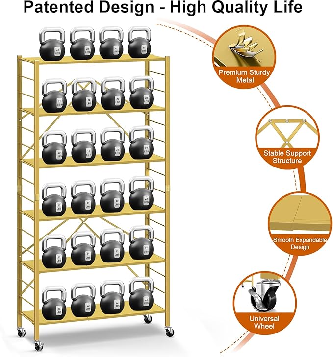 Himix 6-Tier Foldable Storage Shelves Expandable Shelf Wheels Gold 2-in-1