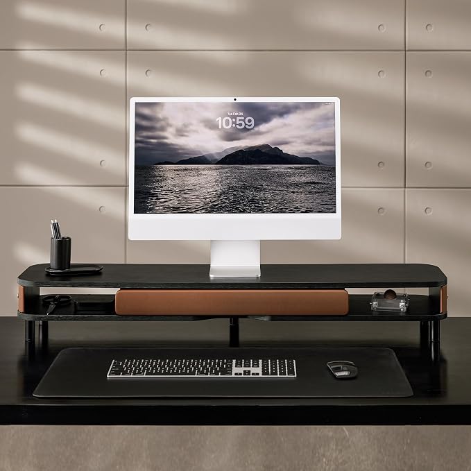 Fenge Dual Monitor Stand with Large Storage Drawer, 42.5" Dsek Shelf, Black | Slide-Out Drawer with Soft Touch Leather, Ergonomic Monitor Riser, Aluminum leg, 2-Tier Desk Organizer for Laptop, TV, PC