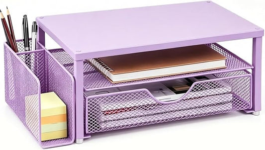Spacrea Desk Organizer and Accessories, Computer Monitor Stand Riser with Drawer and 1 Open Pen Holder, Printer & Laptop Stand, Office Desk Accessories for Home Office Supplies (Purple)