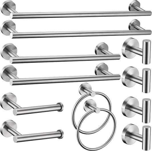 12 Pieces Brushed Nickel Bathroom Hardware Accessories Set Hand Towel Ring 16&23.6 inch Round Towel Bar Silver Toilet Paper Holder Towel Hooks 4 Pieces SUS 304 Stainless Steel,Heavy Duty,Wall Mounted
