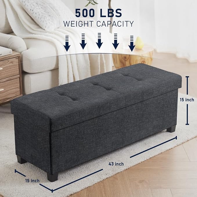 Ornavo Home 43" Large Storage Ottoman Bench with Legs, Black | Foot Rest Stool; Ottoman with Hidden Storage; Ideal for Bedroom, Living Room, Entryway or Home Office