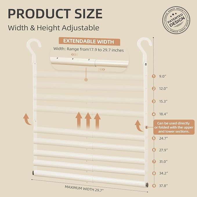 STORAGE MANIAC Adjustable Closet Rod for Hanging Clothes, 2 Pack White | Expandable 17.9"-29.7" Heavy-Duty Metal Closet Hanging Rod with 9 Height Adjustments, Space-Saving Double Closet Organizer