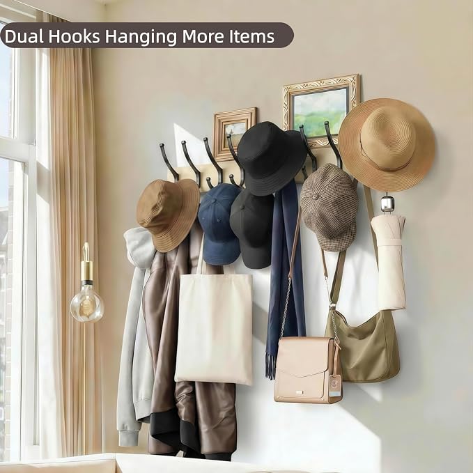 Optish 1 Pack Wooden Coat Rack Wall Mount, 16.1" Rustic Coat Hanger Hooks with 5 Double Hooks, Wall Coat Rack for Hat, Clothes, Bags, Jacket, Natural Wood