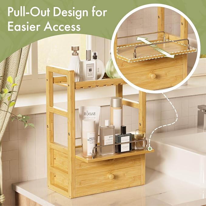 AmazerBath Bamboo Bathroom Counter Organizer, 2-Tier Makeup Organizer with 2 Drawers, Vanity Organizer Storage Coffee Matcha Station, Compact Shelf for Bathroom Kitchen Office Countertop