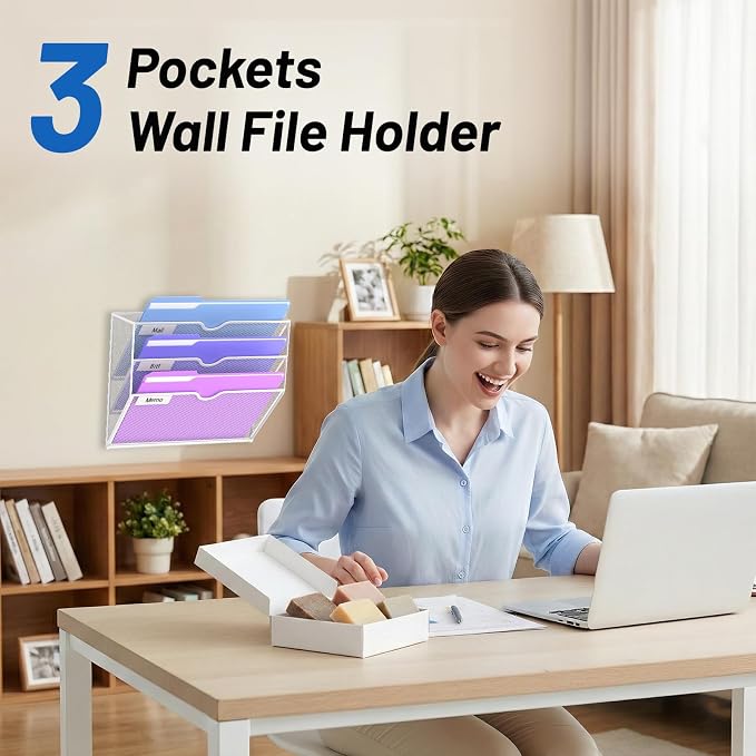 3-Tier Wall File Organizer, Hanging File Organizer, White | Wall-mounted mail storage holds papers, folders, files, clipboards and magazines, assembly required for office or home use.