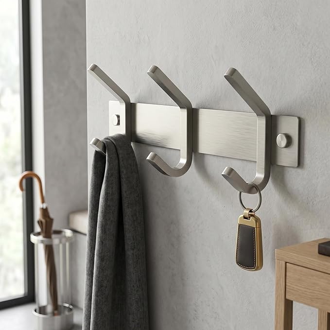 Small Coat Rack Wall Mount – Brushed Nickel 9 Inch Stainless Steel Hook Rail with 3 Heavy Duty Double Coat Hooks – Wall Mounted Coat Hanger for Entryway, Bathroom, Bedroom, Towel, Hat Organizer