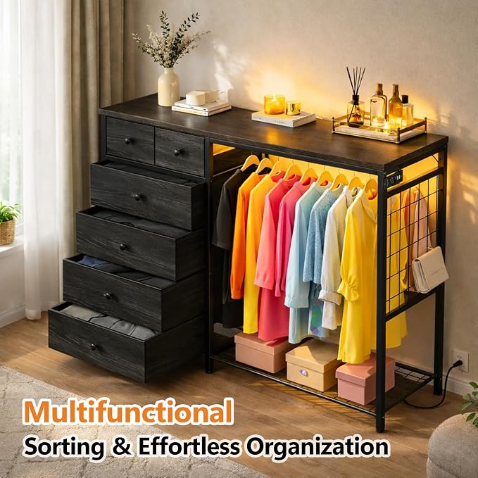 Simple Deluxe Storage Clothes Rack with 6 Drawers, Charging Station & LED Lights, Fabric Chest Shelves Clothing Rack, Wooden Portable Wardrobe Closet, 49.2" W x 15.7" D x 47.2" H, Black