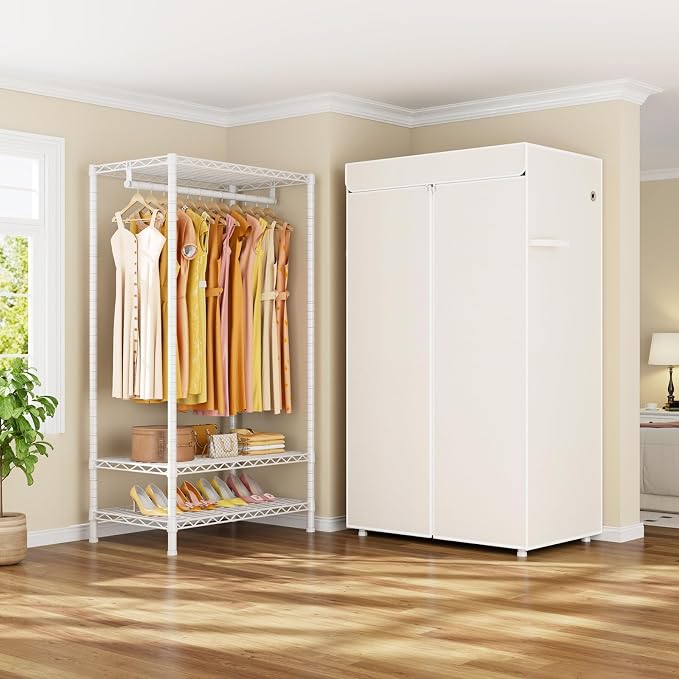 H5C Clothes Rack with Cover, Covered Clothing Rack Heavy Duty | Garment Rack with Shelves, 3-Tier Portable Closets for Hanging Clothes, Max Load 360LBS, White Closet Racks with White Cover