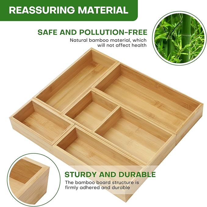 MapleGrace Bamboo Drawer Organizer Set, Individual Wood Storage Organizers | 5 PCS Multi-Use Junk Drawer Divider, Storage Trays Containers for Kitchen, Bathroom, Office Desk, Makeup, Jewelry, Utensils