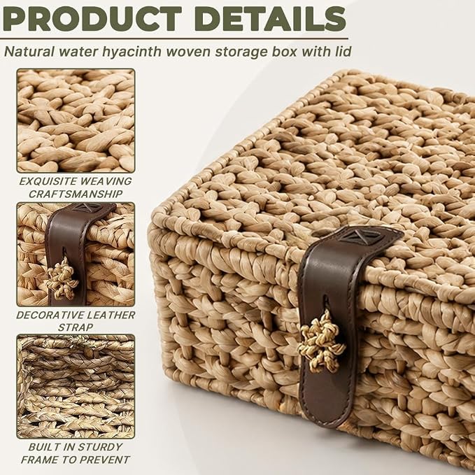 Decorative Boxes with Lid Water Hyacinth Woven Decor Wicker Storage Basket | Small Rectangular Woven Shelf, Cute Wicker Storage Baskets, Bins for Coffee Table, Organize Snack Home Decor