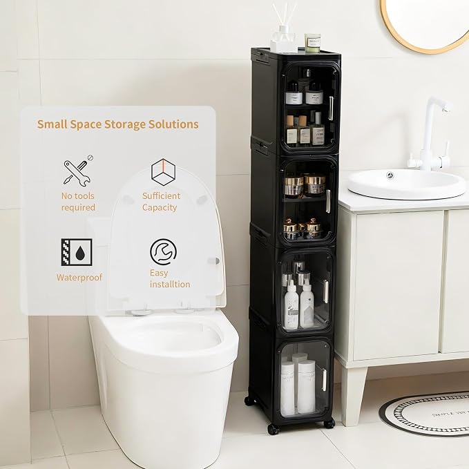 3-Tier Narrow Slim Bathroom Storage Cabinet with Wheels, Black | Tool Free Assembly, Adjustable Shelves, Fits for Narrow Spaces, Reinforced Stability, Magnetic Clear Door