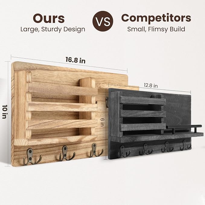 Nekon Mail Holder for Wall Mail Organizer with Key Hooks Hallway Farmhouse Decor Storage Racks with Floating Shelf and Flush Mount Hardware (16.8Inch x 10Inch x 3.2Inch) (Wood)