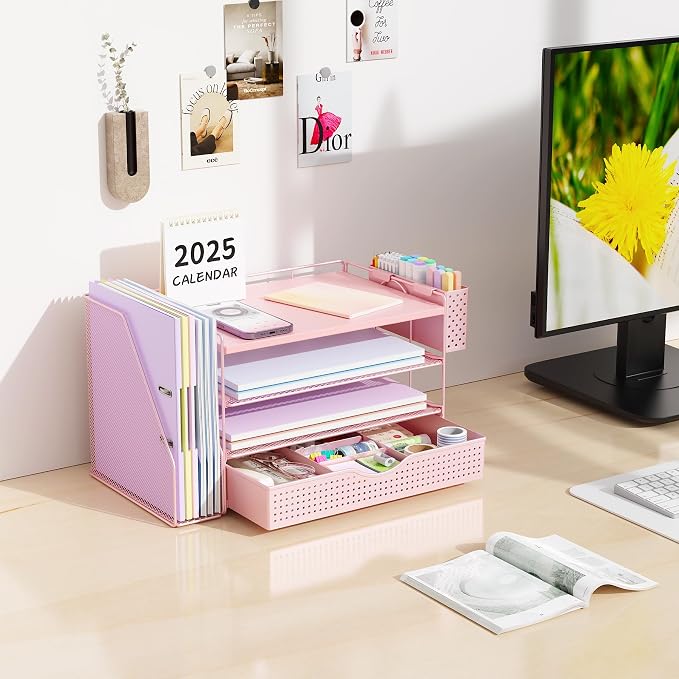 gianotter Wood Desk Organizers and Accessories with File Holder, 4-Tier Desk Accessories & Workspace Organizers with Drawer and Pen Holder, Desk Reference Organizer (Pink, 4T with Drawer)