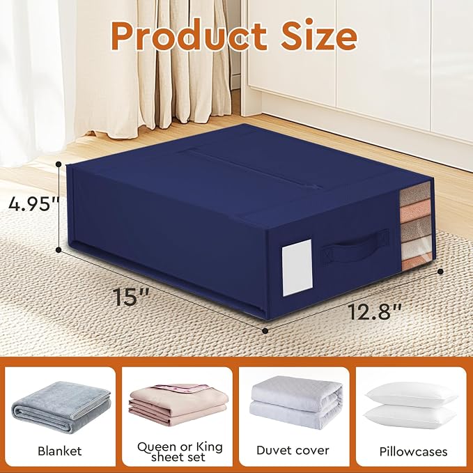 StorageTastic 6 Pack Bed Sheet Closet Organizers and Storage,Sturdy Foldable Storage Containers with Window and Label,Storage and Organization for Bedding Sheets,Duvet Covers,Blankets (Blue)