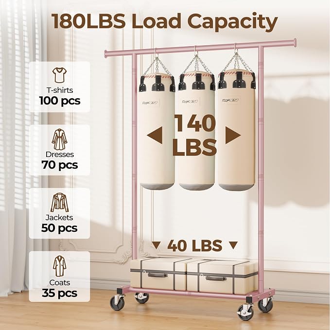 HYSEYY Clothes Rack, Clothing Rack for Hanging Clothes, Rolling Garment Rack Sturdy Coat Rack Portable Wardrobe Rack Metal Closet Rack for Bedroom Laundry Living Room, Pink