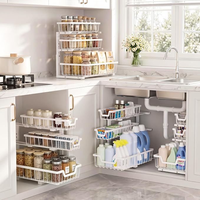 Under Sink Organizer, 2-Pack 3-Tier Height Adjustable Thickened Metal Pull out Cabinet Organizer Shelf, Slide out Storage Drawer Rack for Bathroom Kitchen Pantry Home Laundry Organization (White)