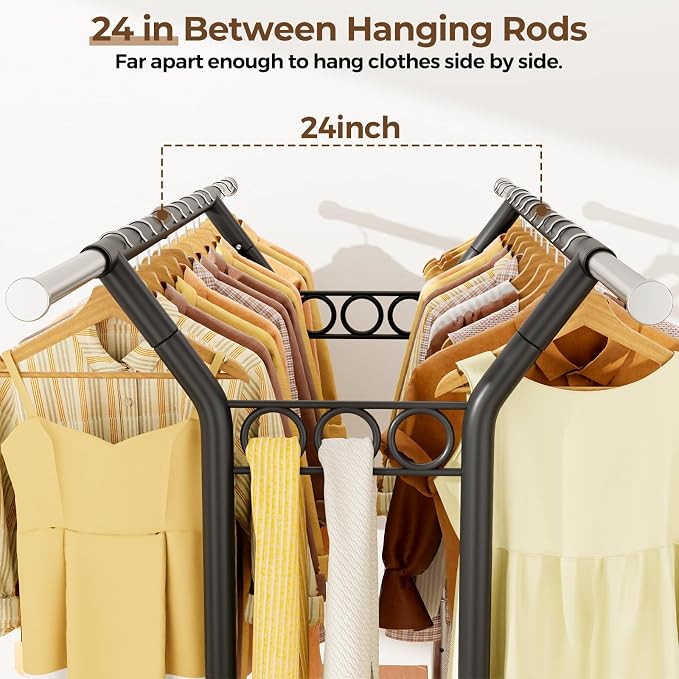 HYSEYY Heavy Duty Clothes Rack, Rolling Clothing Rack With Shelves Load 620 LBS, Double Rod Clothing Racks for Hanging Clothes, Portable& Adjustable Clothes Rack with Wheels,Black