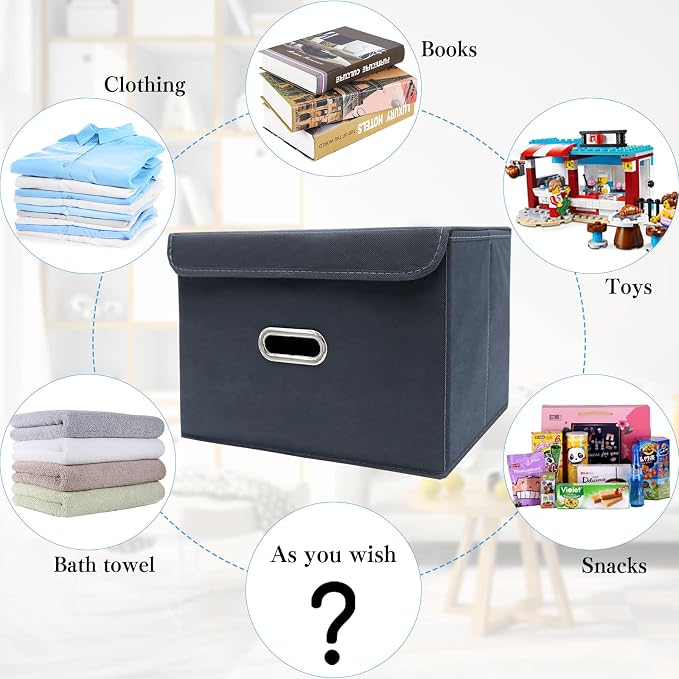STOREONE Fabric Storage Cube Bins Foldable Organizer Container Collapsible Basket with Lids and Metal Handles, for Home, Bedroom, Closet 3 Pcs (Grey)