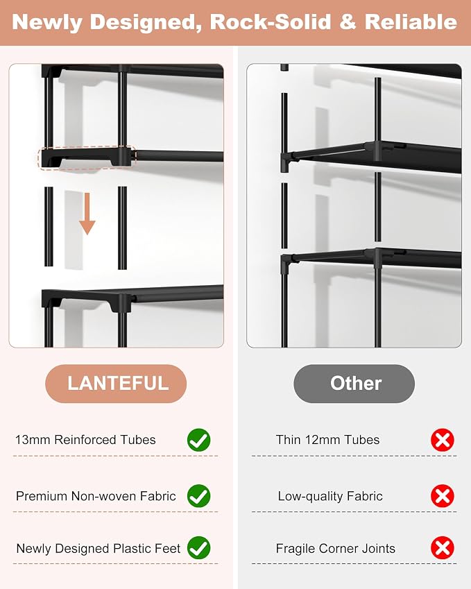 LANTEFUL Upgraded Shoe Rack for Closet Large Capacity 10 Tier Shoe Storage Holds 40–50 Pairs Sturdy Shoe Organizer with 10 Hooks for Entryway, Bedroom, Garage, Black