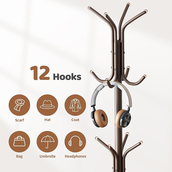 Coat Rack Freestanding Coat Tree Standing Coat and Hat Hanger Jacket Organizer Rack Metal,18.3" L x 18.3" W x 71.5" H, Brown