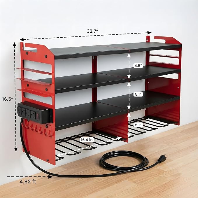 Power Tool Organizer Wall Mount, Includes Power Strip, RED | Heavy Duty 600 Lbs Metal Tool Storage Rack, 4-Tier Garage Drill Holder & Workshop Battery Management Station