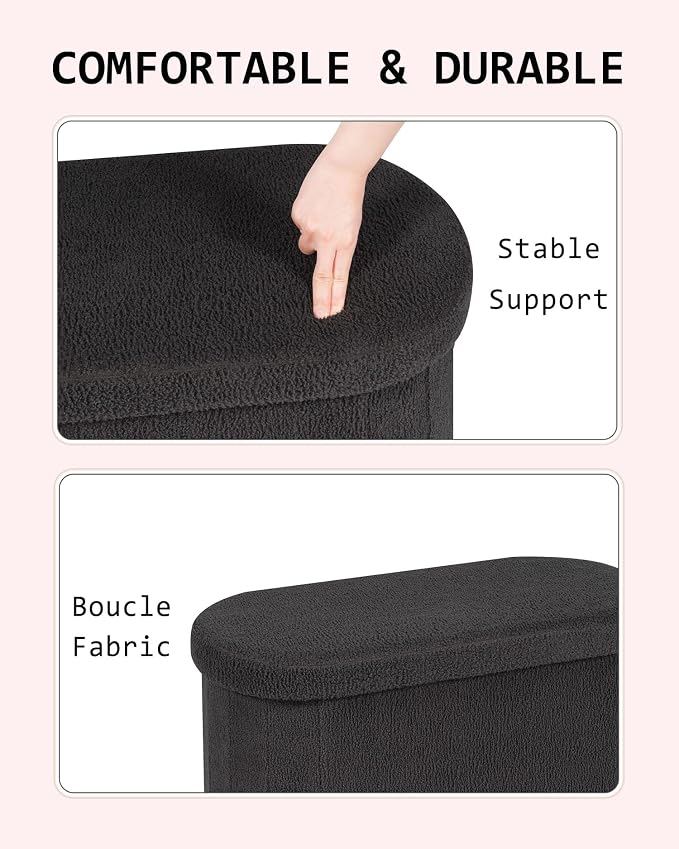 30 Inches Oval Storage Ottoman Bench, Foldable Footrest | Teddy Boucle Fabric, Hidden Storage, Soft Padded Seat, Compact Ottoman for Living Room, Bedroom, Dorm, Dark Grey
