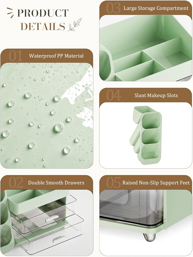 Makeup Organizer with Drawers,Large Capacity Countertop Organizer for Vanity,Bathroom and Bedroom Desk Cosmetics Organizers,Easy To Storage Skincare,Brushes,Lotions (Green)