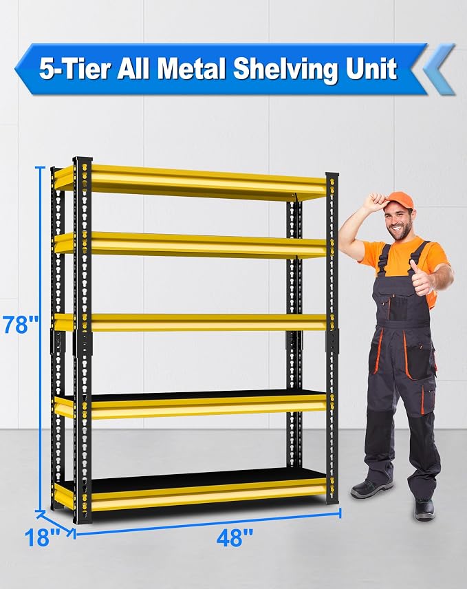 48" W Garage Storage Shelves Heavy Duty, 2800LBS Loads Adjustable Garage Shelving, 5-Tier Metal Shelving Units and Storage Racks, Industrial Utility Shelf,48''Wx18''Dx78''H, Yellow