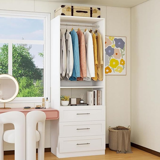 Closet System with Drawers, 2FT Closet Organize System with 3 Drawers & 2 Hanging Rods &for Walk in Closets, 24" Freestanding Closet System, White(VO-009)