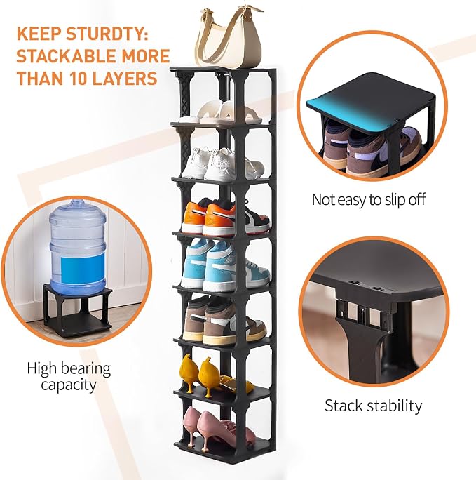 5 Tiers Vertical Shoe Rack, Narrow Free Standing Shoe Storage Organizer for Entryway and Small Closet, Stackable Shoe Holder Shelf Stability DIY, Black