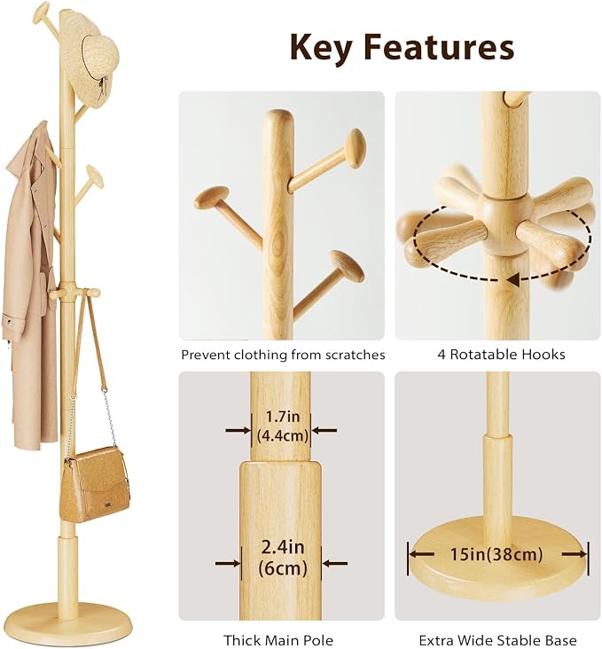 Taitiy Solid Wood Coat Rack Freestanding Coat Tree with 10 Hooks | with 10 Hooks for Bedroom, Livingroom, Entryway, Sturdy Coat Hanger Stand for Hats, Coats, Scarves, Handbags, Purses(Natural)