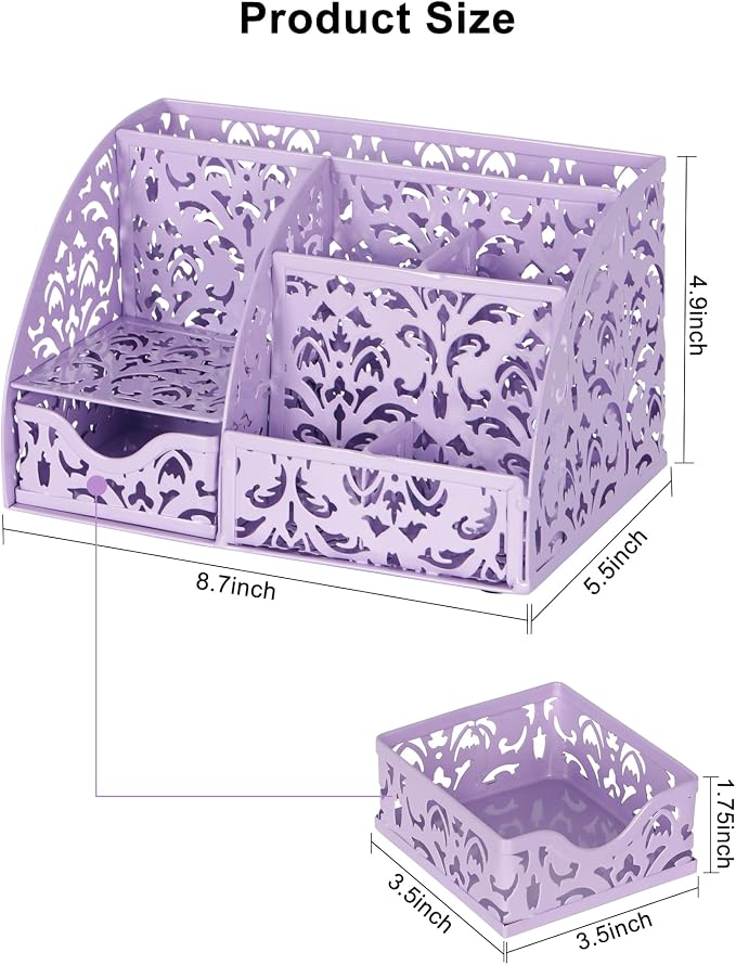 EasyPAG Pen Holder Desk Organizer with Drawer Pencil Cup for Desk 6 Compartments Metal Office Caddy Storage with Sticky Notes Holder for School Home Office, Purple